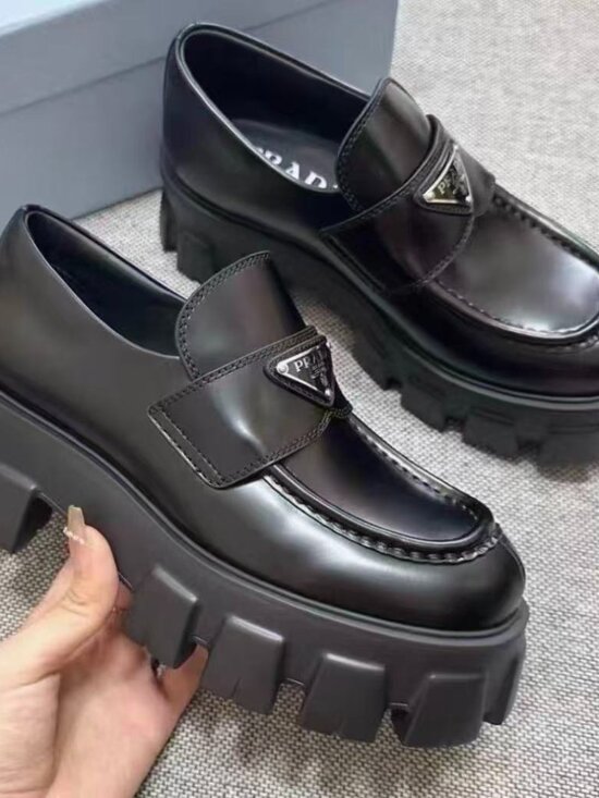 Prada Platform Leather Triangle Logo Loafers - Bergdorf Goodman Prada Black Leather Triangle Logo Platform Loafers